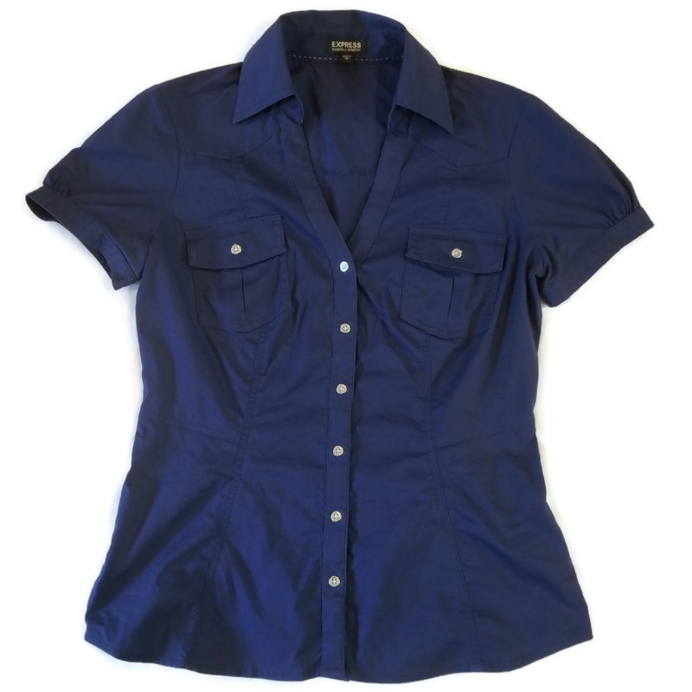 $3 Deal!  Express solid blue fitted camp shirt S
